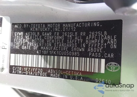 2012 Toyota Camry Se из США, поврежденный, VIN 4T1BF1FK1CU050985